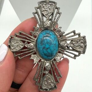 Vintage Maltese Cross Necklace Faux Turquoise Silver Tone Gothic Pendant